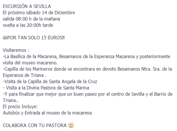 PastoraChiclana's tweet image. @ExcursionesSFDO     Excursion a Sevilla el Proximo dia 14 de Diciembre por tan solo 15 euros con...