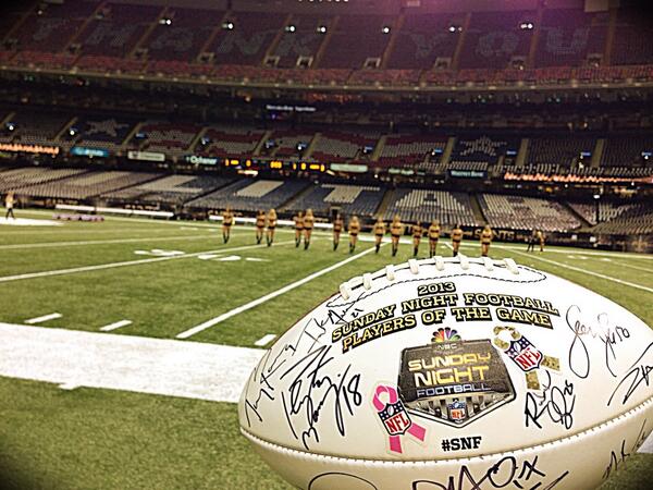 SNFonNBC's tweet photo. The Superdome and #SNF Ball are ready for tonight's big matchup. http://t.co/uoZD6bCsuA