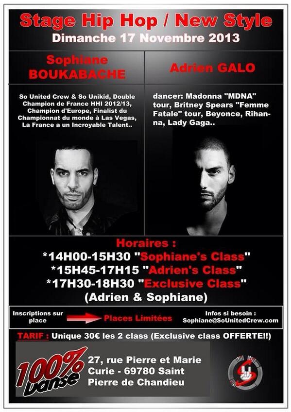 100POUR100DANSE's tweet photo. Dimanche 16 novembre #hiphop #adriengalo #sophianeboukabache #100%danse http://t.co/Uf3u8Ik2lQ