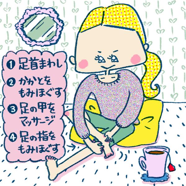 ★美脚に必須！毎日の脚ケア★?足先を持ち足首を左右にゆっくり大きく何度も回す?かかとの周りをもみほぐす?1本1本足の指をもみほぐす?足の甲にある骨と骨の谷間を骨に沿って足首から指先の方へ流すように足の甲全体をマッサージ