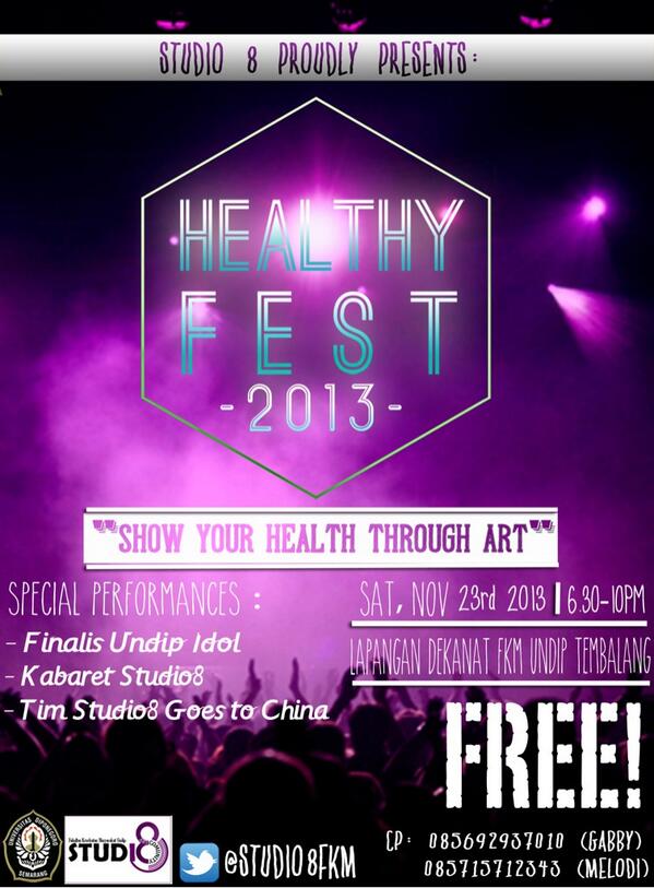 studio8fkm's tweet photo. STUDIO 8 PROUDLY PRESENTS: HEALTHY FEST 2013. BE THERE GUYS!!!!! :D @Shanghai_undip @kartini_undip @UndipIdol http://t.co/WmzlxuAXFe