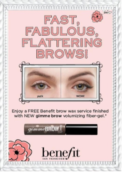 BenefitBrowBar's tweet photo. Visit our counter at Macy's Water Tower this Friday and Saturday and win a FREE brow service with a $50 purchase! http://t.co/zUId2IbZUb