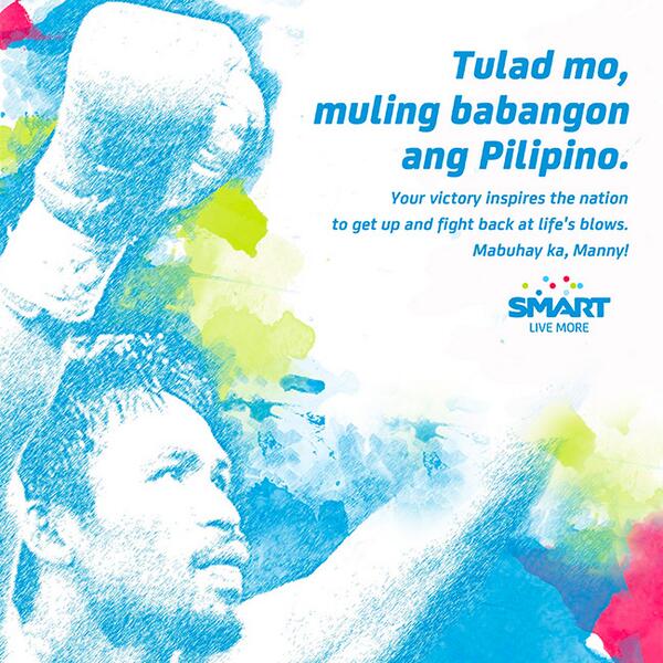 "<a href="/SMARTCares/">SMARTCares</a>: Your victory inspires the nation to get up &amp; fight back at life's blows. Mabuhay ka, <a href="/MannyPacquiao/">Manny Pacquiao</a>! "