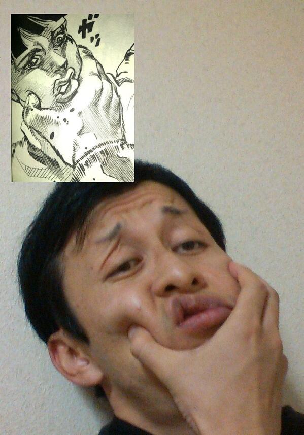 きのした先生 とんぺてぃーず 最近に撮ったやつですが手は自分の手 です 今日のジョジョ顔 第８部 カツアゲロードのヤンキーに顔面を鷲掴みにされる東方常秀 Jojo ジョジョ Http T Co 94aaabruhf