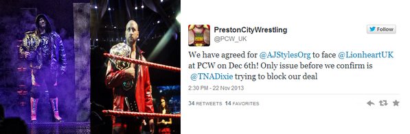 AJ Styles vs. Lionheart (Champion vs. Champion) is now confirmed for 12/06/13 for a PCW event in the UK. #TNA