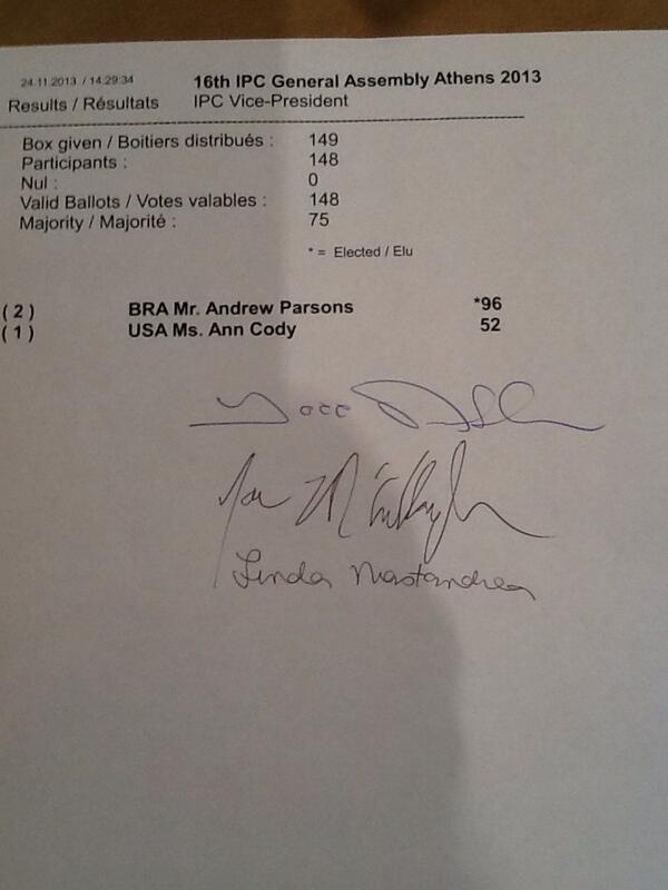 Paralympics's tweet photo. The official result of the IPC Vice President election. Andrew Parsons is the new Vice President. #IPCGA2013 http://t.co/S6eBninE3j