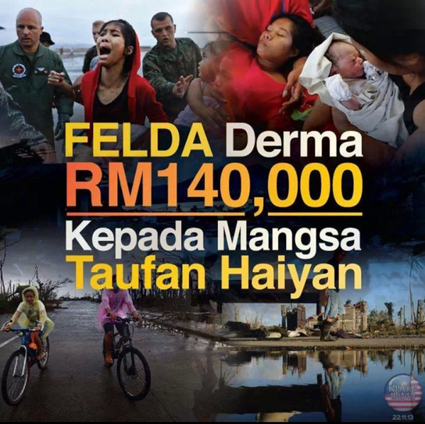 Msia_Info's tweet photo. FELDA dan Felda Global Venture Holding menympaikn sumbangn derma kemanusiaan sbnyk RM140,000 kpd mangsa Taufan Haiyan http://t.co/UwbMQUX4lu