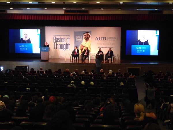AUDubai's tweet image. #AUDubai student Nada Sisalem reads an extract from @HHShkMohd Book #FlashesOfThought Chapter 10 #EmpoweringWomen