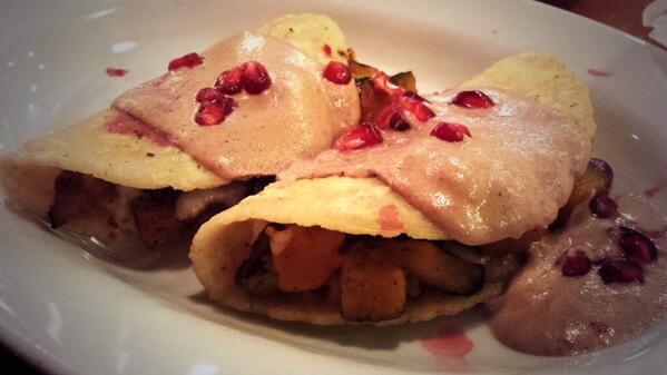 Enchilada Negado stuffed w/Kaboocha squash, cheese and pomegranate seeds from <a href="/TacubayaBerk/">Tacubaya</a>! Loved this. #fmfinsf