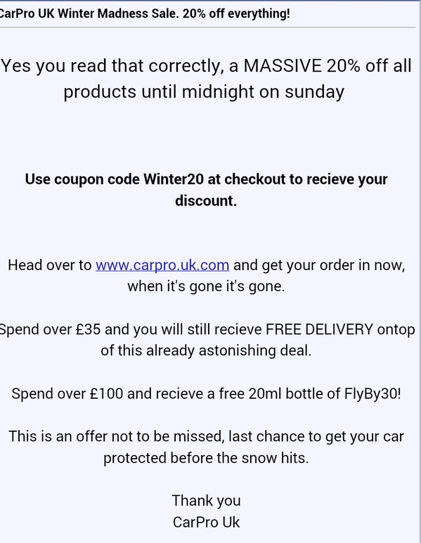 00detail's tweet photo. 20% off @CarPro_UK ! Be quick! #detailingspy http://t.co/KmLr6KukLz