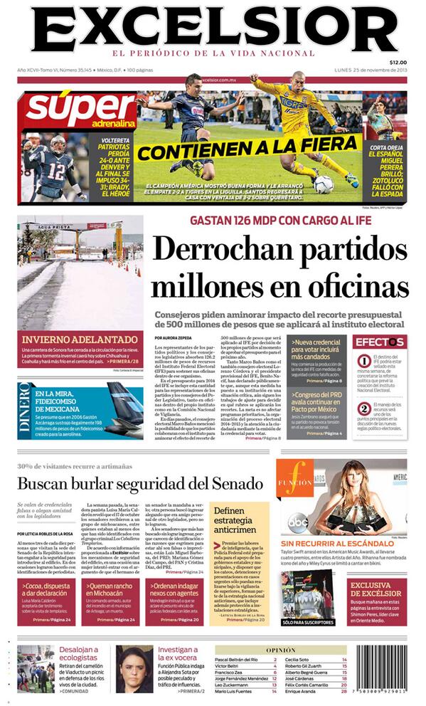 Excelsior's tweet photo. Buenos días, esta es nuestra portada de hoy, lunes 25 de noviembre. http://t.co/dSadktROpm