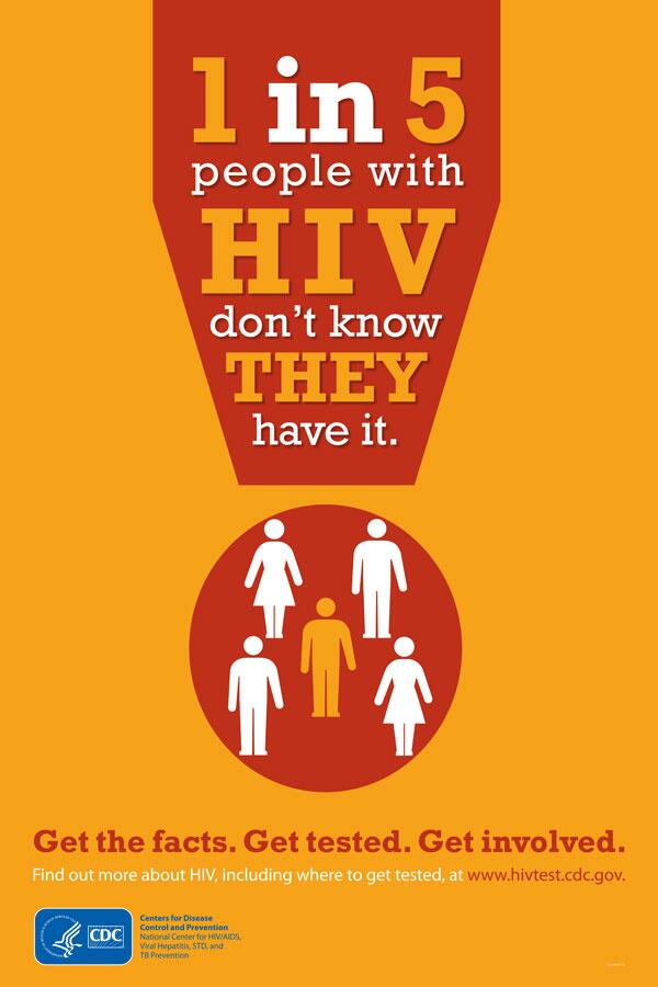 CDCSTD's tweet photo. 1 in 5 people who have #HIV don’t know it. Get the facts, get tested, get involved! http://t.co/LLyQGKb7nk #WAD2013 http://t.co/LHrqDM0crq