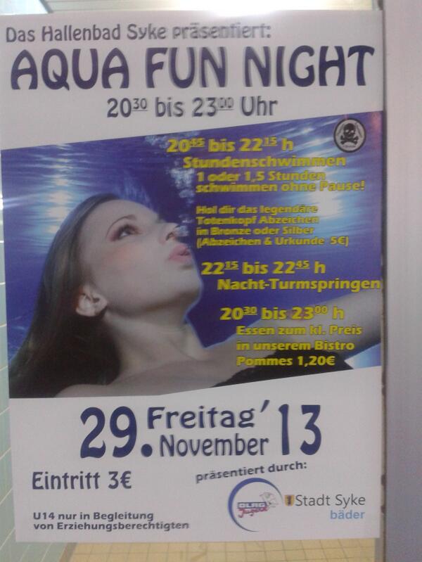 StadtSyke's tweet photo. Ahoi, Ihr Wasserratten! Nachtschwimmen am Freitag im Hallenbad Syke! http://t.co/tBfQK5H98c