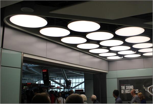 Lumeo-LED at London's Heathrow T5 - Arrivals.... 900mm diameter, only 60mm deep.... Stretched-Fabric Foil Diffusers.