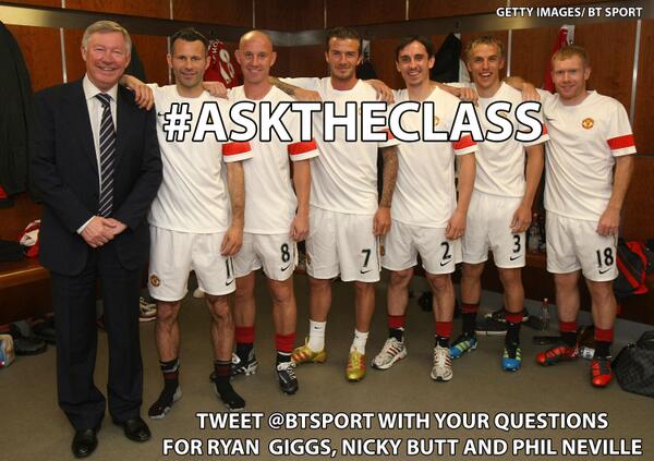 tntsports's tweet photo. Football: Great chance for @ManUtd fans to quiz Ryan Giggs, Nicky Butt & Phil Neville. Tweet @btsport to #asktheclass http://t.co/qPiUo3pJi2