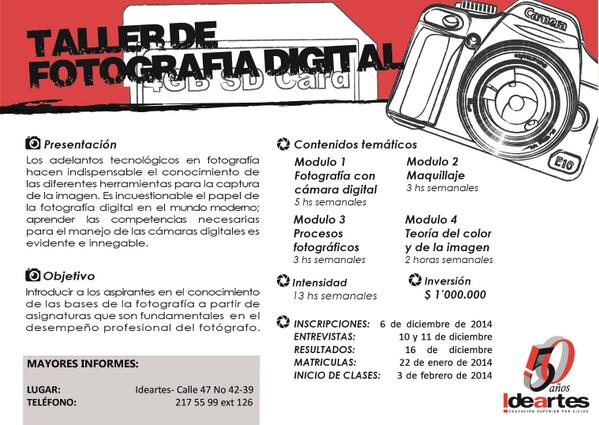 Ideartes's tweet photo. Talleres de fotografía, Inscripciones hasta el 6 de diciembre "Fotografía digiral"
http://t.co/dq3rZtpczH http://t.co/zPU0NJPuy4