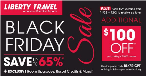 LibertyTravelE's tweet photo. CHECK OUT OUR AMAZING BLACK FRIDAY SALE!
USE PROMO CODE BLKFRICPT FOR EXTRA SAVINGS ON YOUR NEXT VACATION! http://t.co/bUkKldPb3j