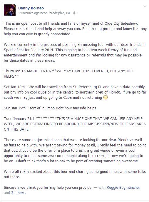 OCSSPhilly's tweet photo. This is a post to friends and fans regarding a 2014 tour we are planning, Any help is deeply appreciated. http://t.co/iHzYqTLm5v