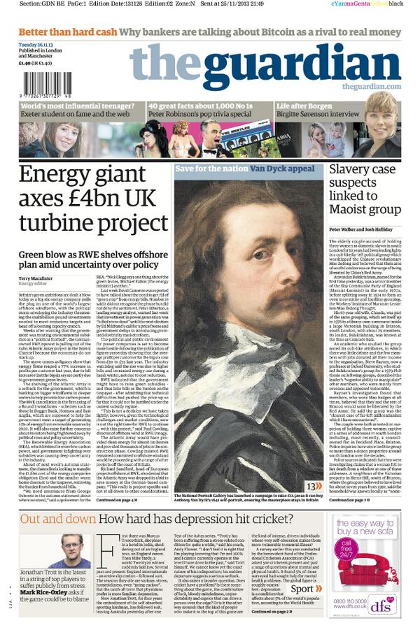 guardiannews's tweet photo. Guardian front page, Tuesday 26 November 2013: Energy giant axes £4bn UK turbine project http://t.co/NZuzDOD4dY