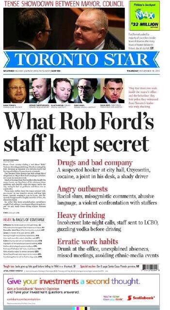 NewsBreaker's tweet image. FRONT PAGE: Toronto Mayor Rob Ford &amp;amp; prostitutes, drugs, vodka guzzling, lewd comments to women, etc @TorStarEditor