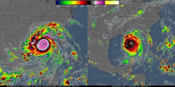 anthonywx's tweet image. For comparison: If #Haiyan was in the gulf, how would it look next to Katrina? H/t @wxtrackercody.