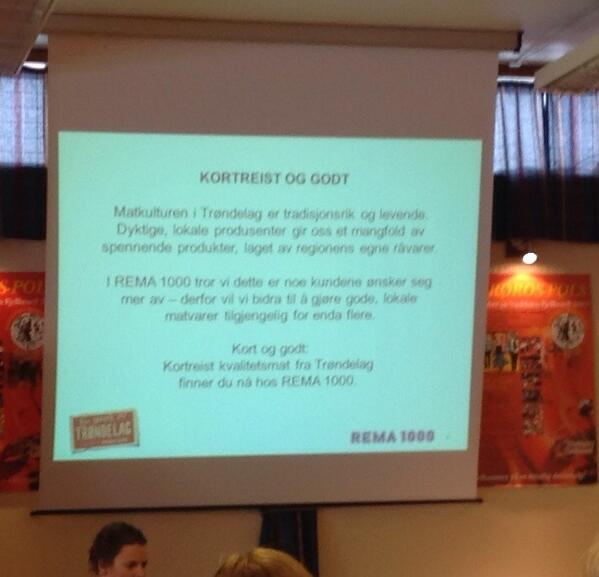 rrosmeieriet's tweet photo. Rema 1000 forventer stor vekst på lokalmat. Her fra foredrag om En Smak av Trøndelag. http://t.co/AgeAXzMjzD