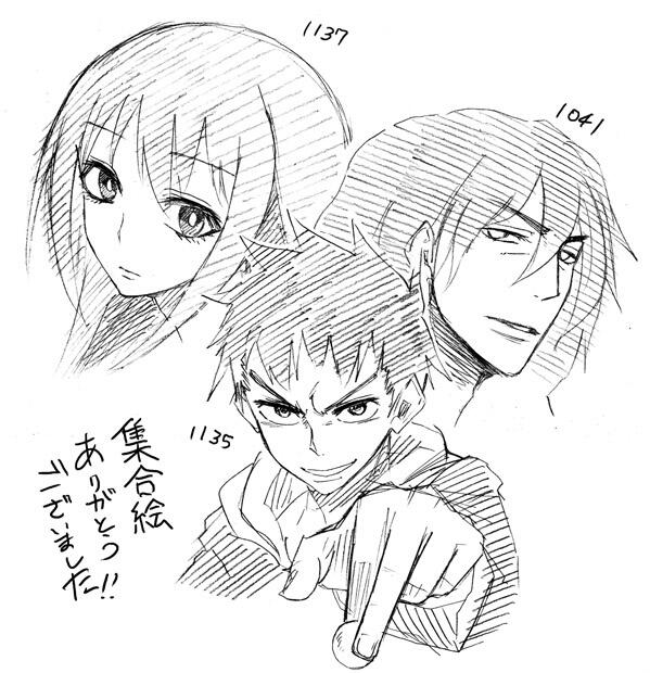 左上「間宮さんといっしょ」、右上「懲役339年」、真ん中「シロ×クロ」 それぞれの作者様方、集合絵ありがとうございました! 2回戦終了に間に合いそうになかったのでラフですが…描かせて頂きました! お許しください!