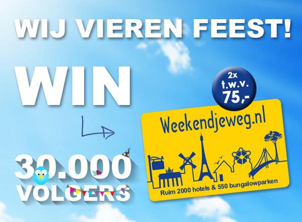 Meevieren dat we 30.000 volgers hebben? #RETWEET &amp; maak kans op 1 van de 2 #Weekendjeweg.nlCadeauCards twv €75 #Trots