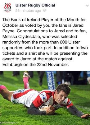 Jared Payne (@thepain15) on Twitter photo Thanks 2 everyone that voted “<a href="/RavenhillRoar/">TheRavenhillRoar</a>: October's Player of the Month is.....<a href="/ThePain15/">Jared Payne</a>:
#UlsterRugby #SUFTUM ” Thanks 2 everyone that voted “<a href="/RavenhillRoar/">TheRavenhillRoar</a>: October's Player of the Month is.....<a href="/ThePain15/">Jared Payne</a>:
#UlsterRugby #SUFTUM ”