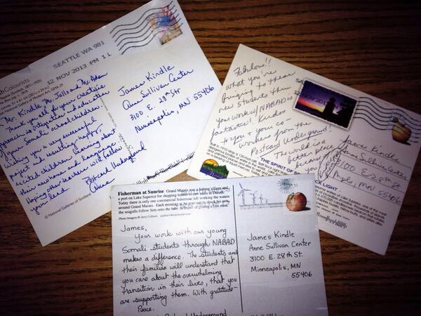 MrKindlesClass's tweet photo. #NABADCenter getting kind notes from #postcardunderground, maybe due to @MPRnews story feat @esltechna. Very cool. http://t.co/jXgI0eLG27