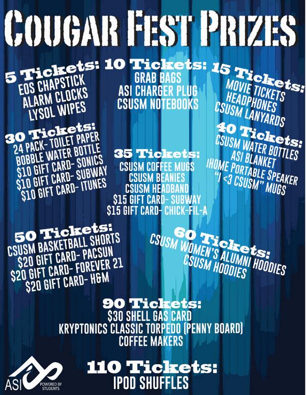 CSUSM's tweet photo. Win prizes today at #CougarFest13 thanks to @ASIcsusm and @ASICAB! Kellogg Plaza, 11:30am-1pm. #backtoCSUSM http://t.co/865CHiDf6d