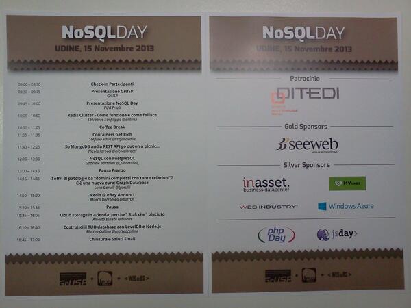 nosqlday's tweet image. I programmi ci sono! #NoSQLDay @distrettoict @seeweblive @dc_inasset @mvlabsit @webindustrysrl @WindowsAzure