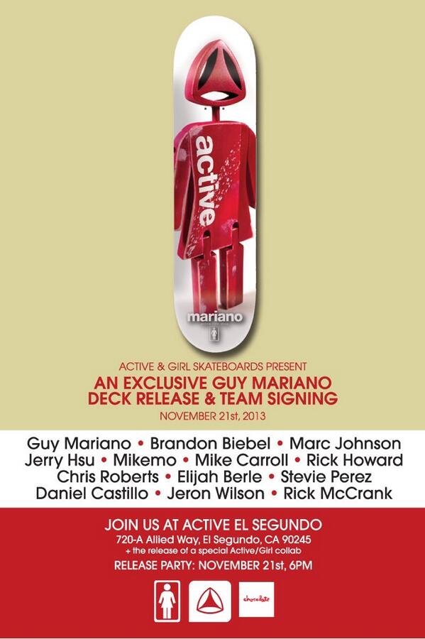 activerideshop's tweet photo. Active El Segundo next Thursday for the special release of @Guymariano #activeExclusive @GirlSkateboards deck!!! http://t.co/OSBfFXytkQ