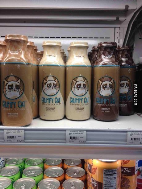 9GAG's tweet photo. It's official - Grumpy Cat... in a bottle. #coffee http://t.co/b075aGvUj3