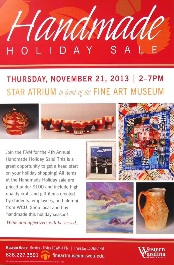 November 21st come to the fourth annual Handmade Holiday Sale located in the atrium in front of the museum!#WCU #sale