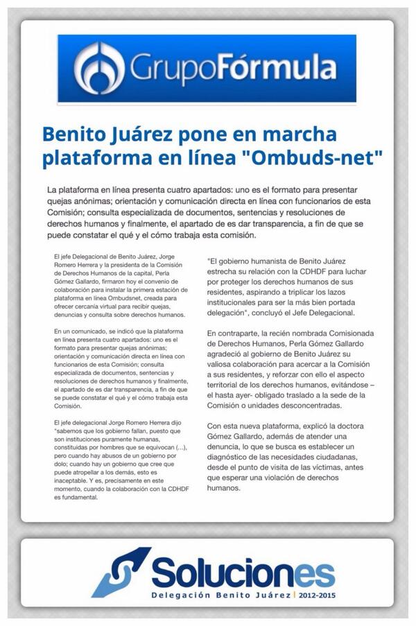 JorgeRoHe's tweet photo. #LoMásLeido: "La @DelegacionBJ pone en marcha #Ombudsnet"  http://t.co/syEX5DXbsX vía @Radio_Formula cc @CDHDF http://t.co/hdxSIjZstF