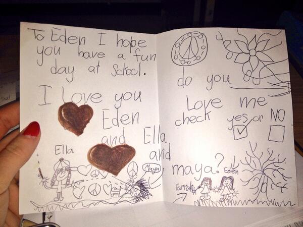 eden_lamb's tweet photo. farrah left me a cute note in my lunch today💕 she also drew me a nice picture of ella shooting maya... #sckool http://t.co/eKelinORey