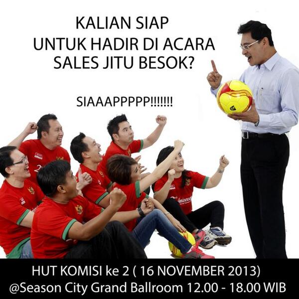 Siap hadir di acara <a href="/sales_jitu/">salesjitu.com</a> besok? <a href="/astermora/">AsterTheresia</a> <a href="/AnteroYani/">yani sastra</a> <a href="/IndraHW/">Indra Hadiwidjaja</a>  @KOMISI_Crew colek <a href="/jamesgwee/">James Gwee</a> #SalesJITU