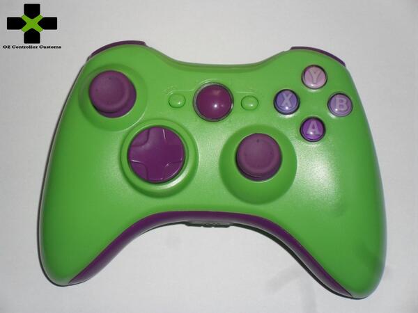 ozcontrolcustom's tweet image. Green and purple Xbox 360 controller