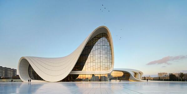 designboom's tweet photo. zaha hadid's heydar aliyev center is open in azerbaijan. see it here http://t.co/TncfE83F3Q #architecture @ZHA_News http://t.co/zQCbZG96AT