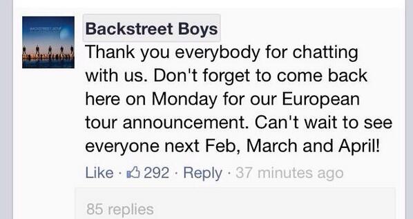 BSBtourUK's tweet photo. European Tour dates will be announced on the Boys Facebook on Monday!! http://t.co/kqHGe4xpZM