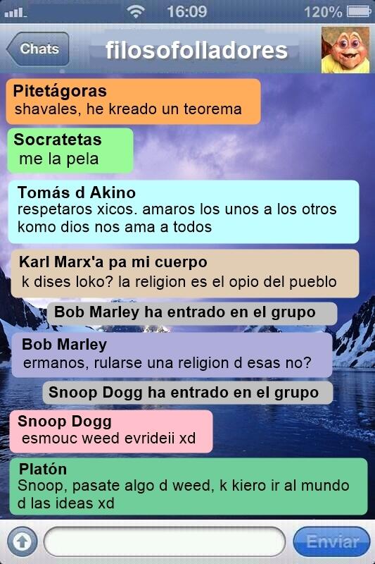 yisucrist's tweet photo. las típicas conversasiones d los filósofos x wassap http://t.co/U3quCyHU23