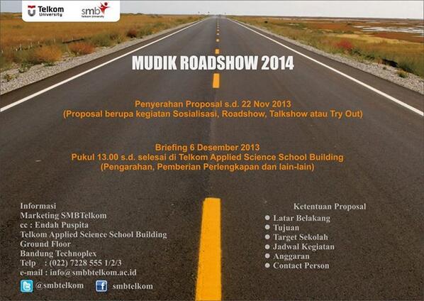 Yang punya agenda promosi ke SMA di daerah masing2. Tel-U proudly presents #MudikRoadshow | cc: <a href="/FORCYtelkom/">Family of Raincity</a>