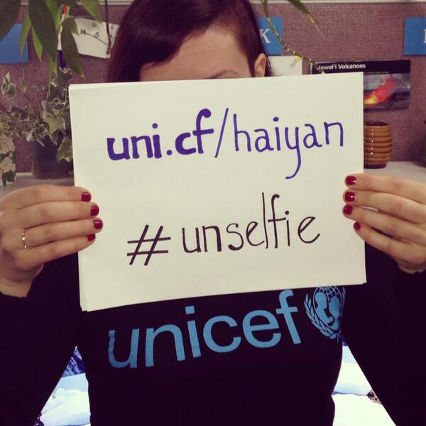 UNICEF's tweet photo. What if our selfies were unselfish? We love #unselfie - here's ours! HT @mashable http://t.co/mqXgFqaSkQ #Haiyan http://t.co/nEzUUJtw8M