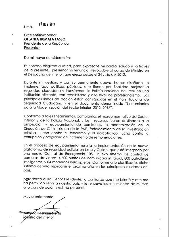 Mininter Perú on Twitter: "Carta de renuncia del Ministro 