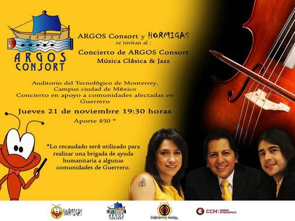 argosconsort's tweet photo. #Concierto #apoyo a los #damnificados en el Estado de #Guerrero. ¡Aún queda mucho por hacer, No falten! @HormigasCCM http://t.co/h41YJG9GB5