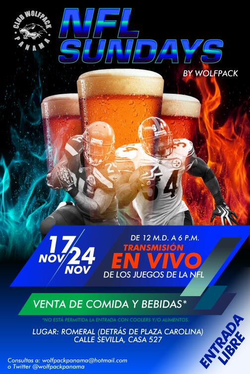 <a href="/WizardsChitre/">Wizards Chitre Flag </a> Este domingo 17, te invitamos al NFL SUNDAYS by WOLFPACK! No te lo puedes perder...(RT)