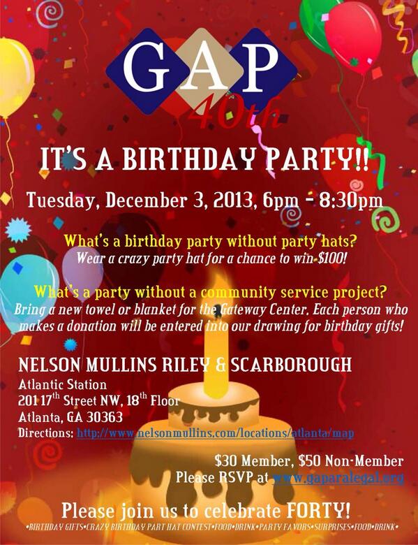 GaParalegals's tweet photo. Happy birthday to you, happy birthday to you, happy 40th birthday to G-A-P, happy birthday to you! #GAP_40th_Bday http://t.co/WIMUrh27PJ