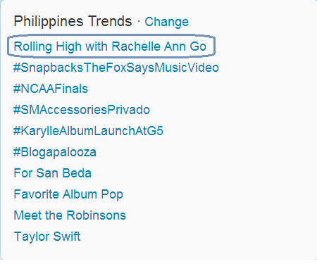 kunwari_writer's tweet photo. "Rolling High with Rachelle Ann Go" is trending on number 1 spot nationwide. | @gorachelleann http://t.co/YBbrngvmMk