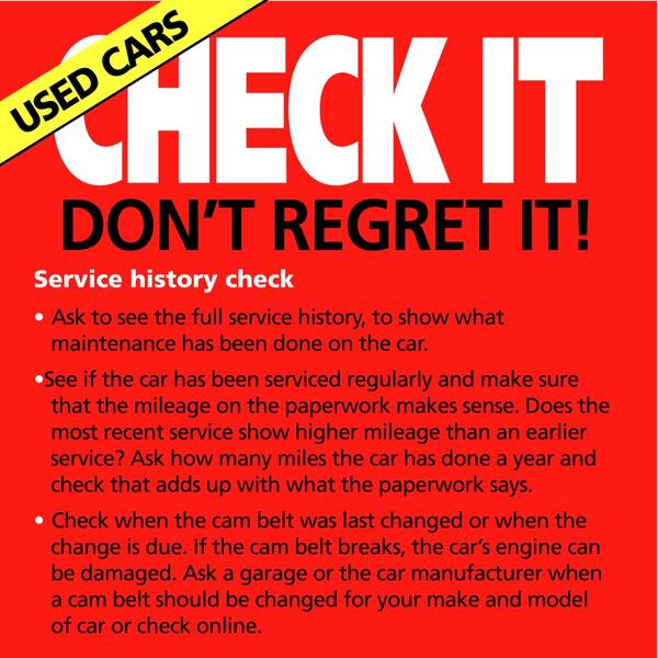 #Checkitdontregretit #usedcars buff.ly/1gNvSSs 
   Consumer Advice Helpline on 08454 040506